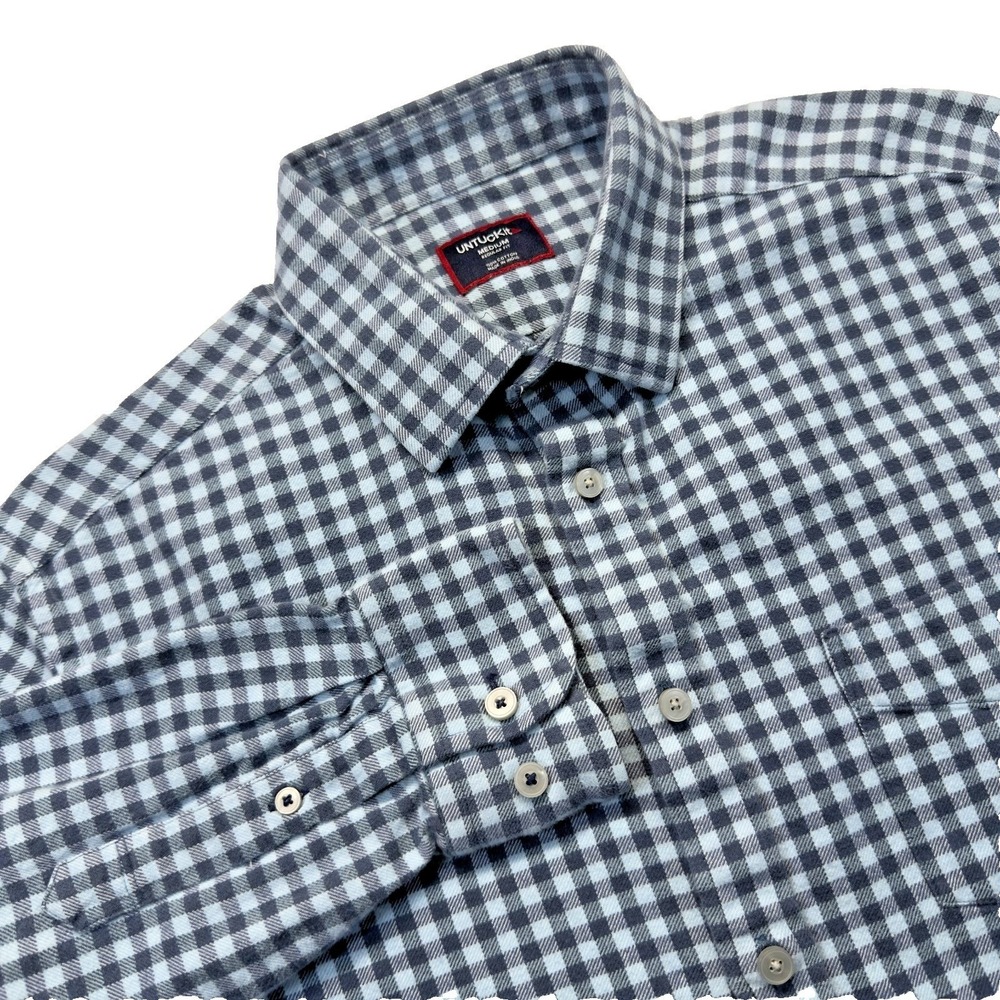 UNTUCKit Alden Shirt Men M Blue Gray Gingham Check Button Down Brushed Cotton